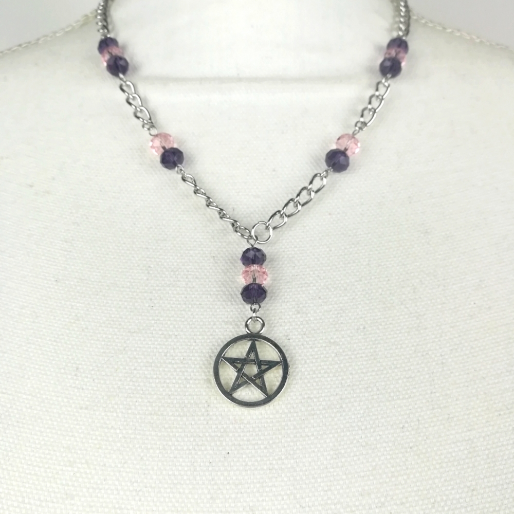 Pentacle necklace pink & purple faceted glass beads witchy new age pagan